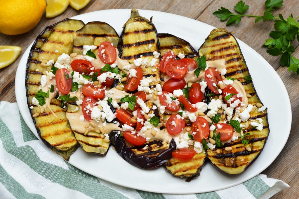 Grilled Eggplant with Tahini, Tomato and Feta Aurora Satler